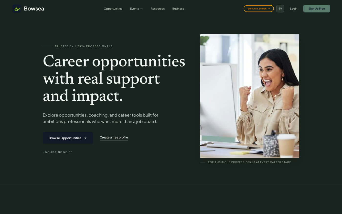 Live preview of bowsea.com — Executive search and career platform — quiet authority, not loud claims.