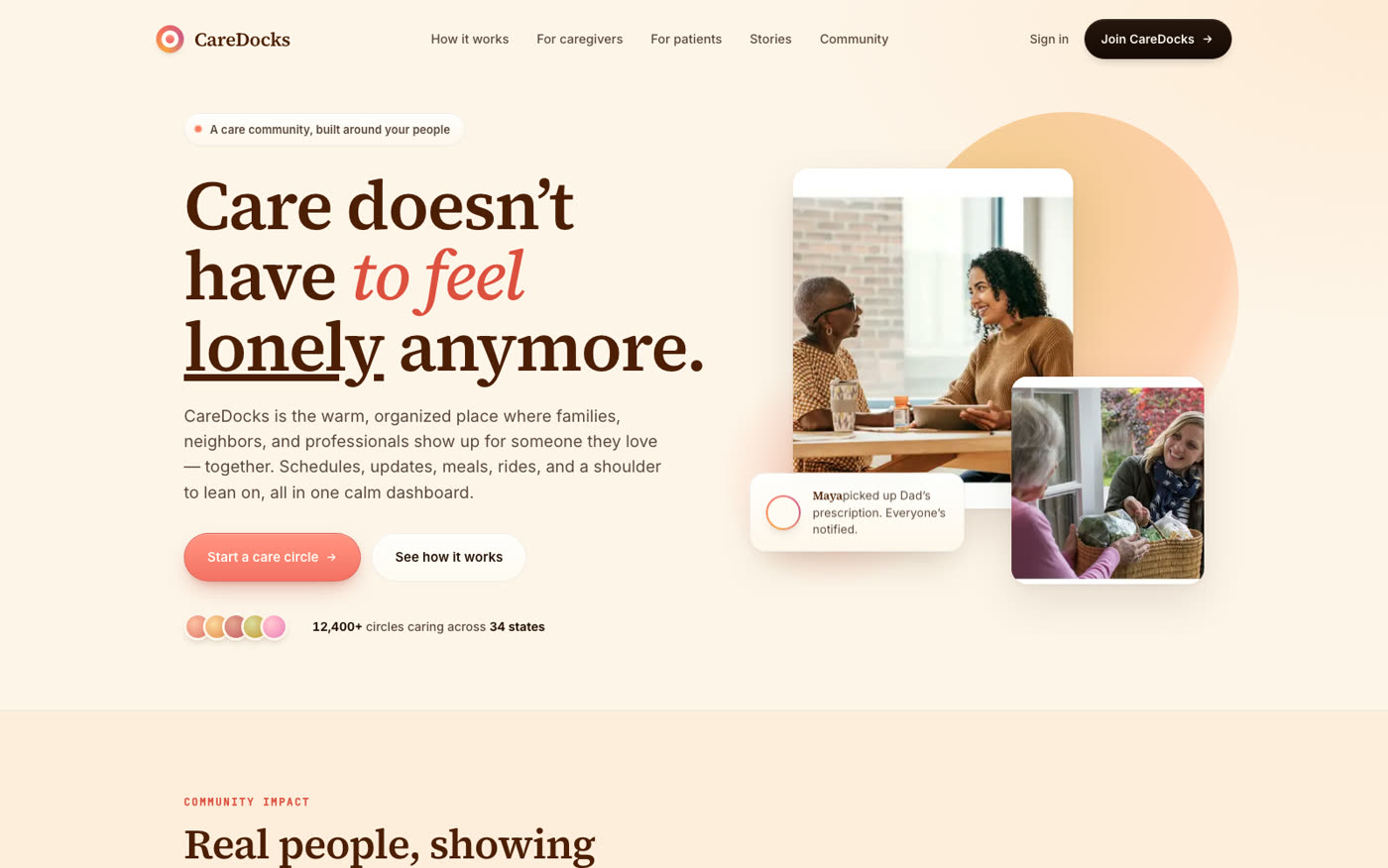 Live preview of caredocks.com — Family caregiving network — care circles, daily updates, shared routines.