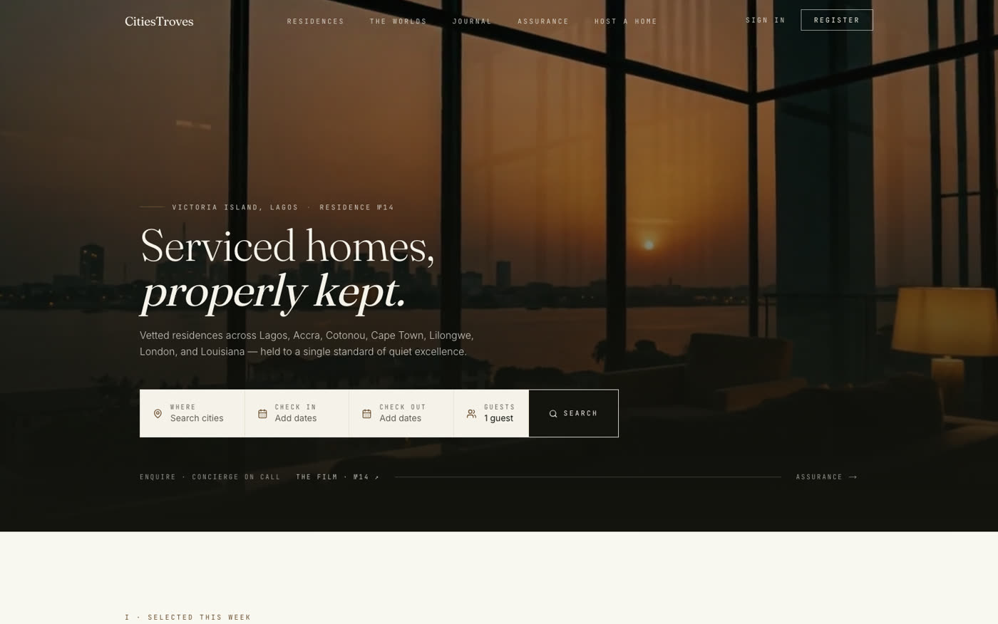 Live preview of citiestroves.com — VRBO-style serviced apartment booking for African markets, with verified hosts.