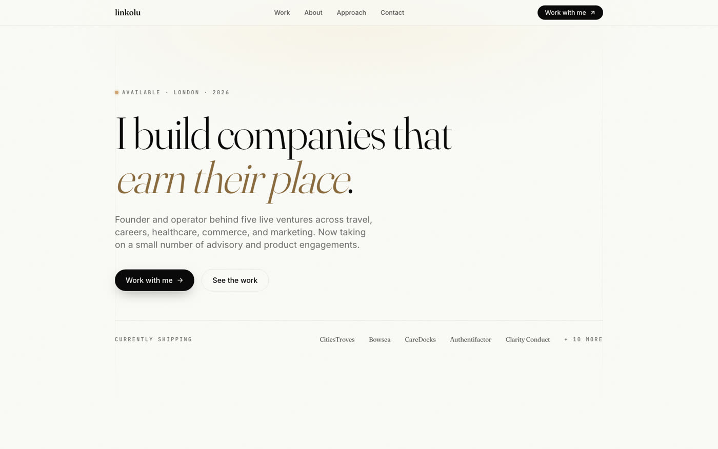 Live preview of linkolu.com — Founder hub. This site. The shopfront for everything else.